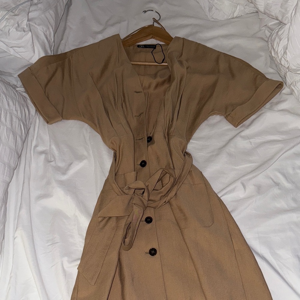 Zara Tan Midi Dress with Buttons